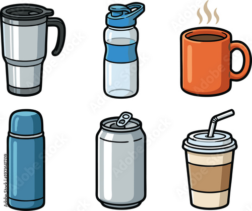 Assorted beverage containers including thermos, bottle, and coffee cup on a clean white background