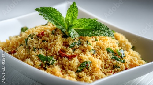 Close up of couscous salad in a square white bowl with mint garnish
