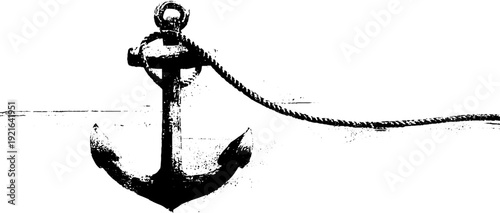 Nautical anchor and rope design in black and white ink for vintage decor or poster art