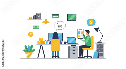 E-commerce Business Management and Online Shopping Flat Design Illustration
