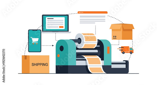 E-commerce Fulfillment Workflow: Online Ordering, Product Labeling, and Global Shipping Logistics Illustration