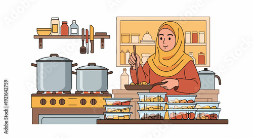 Muslim woman in hijab cooking delicious food at home kitchen.