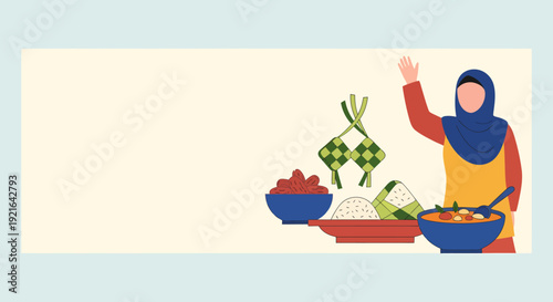 Muslim Woman Celebrating Eid with Traditional Food and Ketupat.