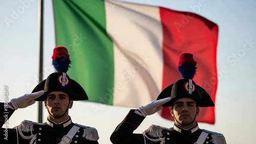 Two young Italian men in Carabinieri ceremonial uniform saluting before the national flag