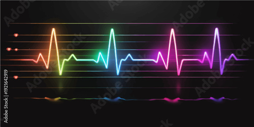 A medical electrocardiogram illustration showing a healthy heart beat pulse line and sound wave background on a cardiology monitor for hospital technology testing
