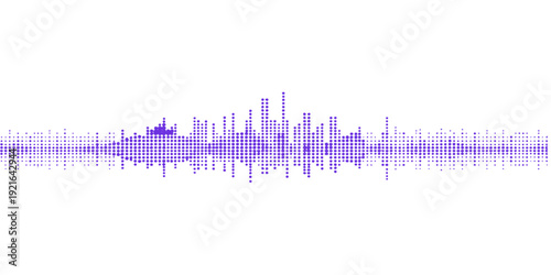 A digital blue sound wave vector illustration features a high-frequency audio waveform pulse on a white backdrop, blending electronic music equalizer lines with a modern technology design