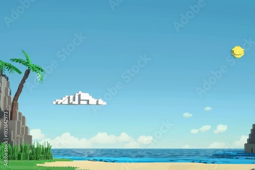 LEGO-style landscape with blue sky clouds green grass palm trees grey mountain and LEGO ocean with white sun