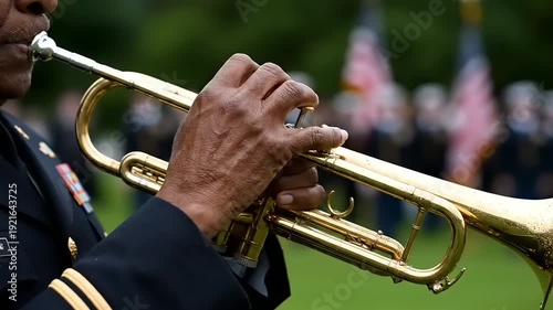 Musician plays trumpet at outdoor ceremony with flags in background.