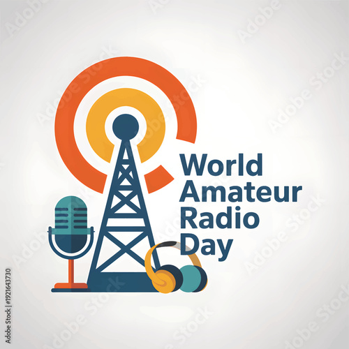 Amateur Radio Day with tower microphone, headphones, radio tower, orange and yellow circles design