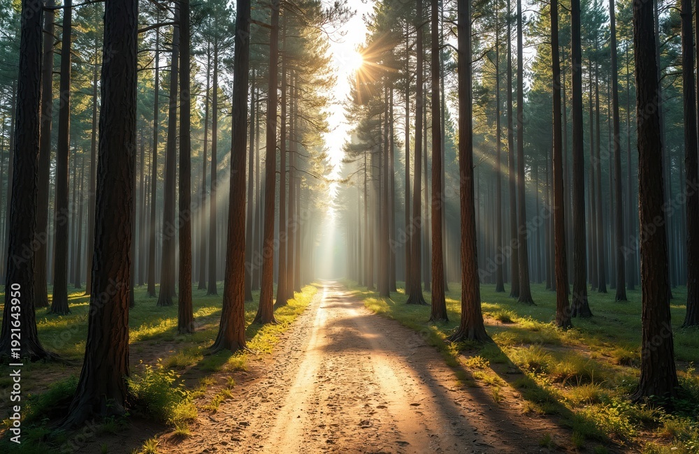 Fototapeta premium Sunlight streams through a young pine forest onto a sandy forest path. Rays of light create shadows on the ground near green grass and tree trunks.