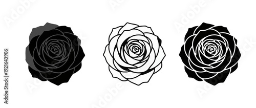 Set of three vector black silhouettes of rose flowers isolated