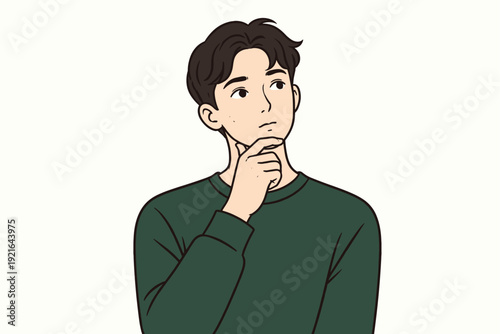 Thoughtful young man thinking with hand on chin, decision making and doubt concept illustration
