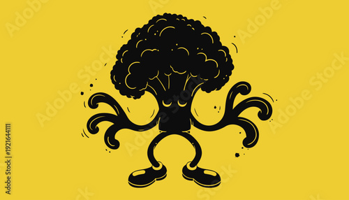 Vibrant cartoon broccoli character with dynamic arms and legs on bright yellow background