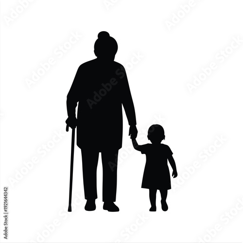 Guardian's Embrace: A touching silhouette depicts an elderly woman tenderly guiding a child, symbolizing the beautiful bond of love, guidance, and the passing of time.