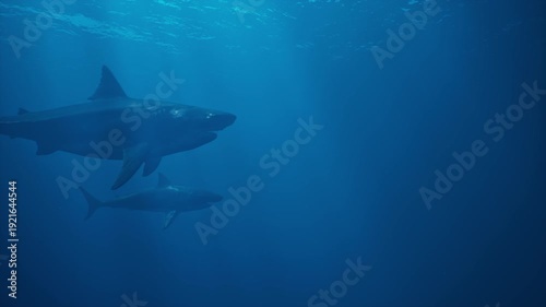 A group of white sharks swim underwater