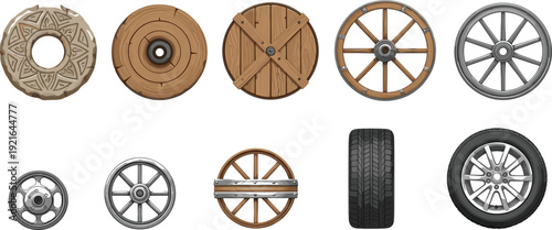 Evolution of Wheel Design from Ancient Wooden Cart Wheels to Modern Car Alloy Rims and Rubber Tire Isolated Vector Set