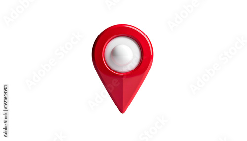 3D glossy red map pin with white center on black