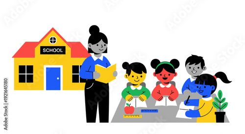 School teacher reads to diverse students in a bright classroom