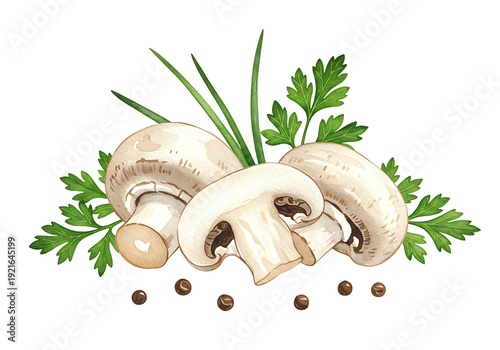 Watercolor Harvest: Button Mushrooms & Herbs