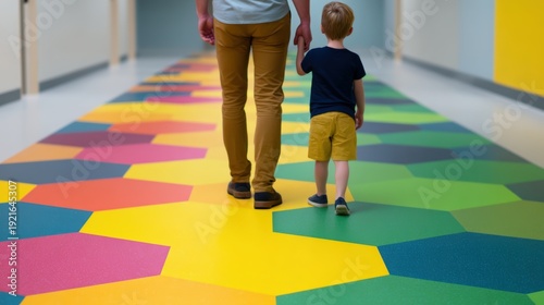 Hospital reception area, An adult and a child walk hand-in-hand on a colorful, geometric-patterned floor inside a brightly lit hallway.