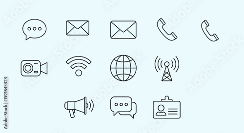 Collection of communication and technology icons on a light blue background.