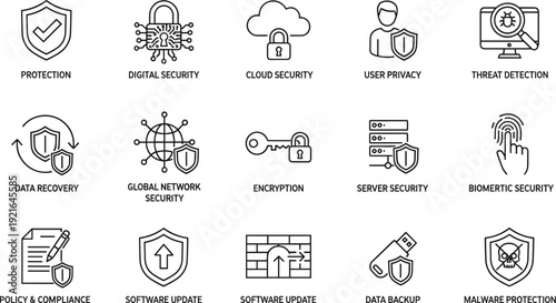 Cybersecurity icon set illustrating protection, privacy, encryption, compliance, malware defense, cloud security, and global network safety essentials for digital resilience