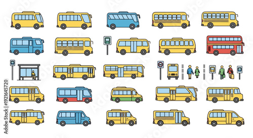 Collection of colorful cartoon buses and public transport vehicles.