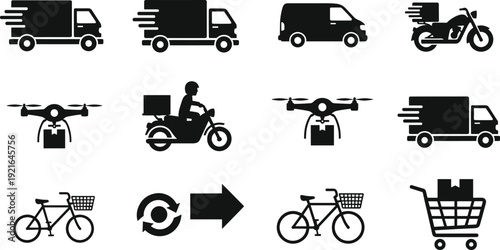 Fast, delivery, truck, icons, set, logistics, shipping, transportation, freight, industry, commercial, vehicle, silhouettes, cargo, transport, distribution, service, moving, fleet, collection.