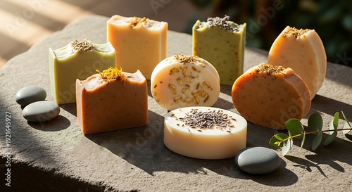 Natural handmade artisan soaps with organic herbs and seeds displayed on rustic wooden surface in warm sunlight, spa and wellness lifestyle concept for beauty products marketing