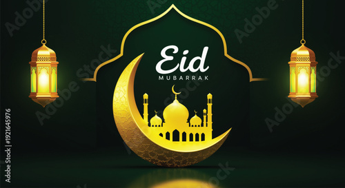 Eid mubarak greeting with golden crescent moon, mosque silhouette, and hanging lanterns on dark green background.
