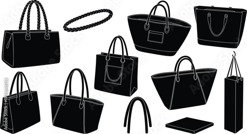 Black silhouette handbag and tote bag collection with different fashion purse shapes and handle variations for retail branding vector set.