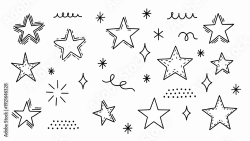 Set of Hand-Drawn Star Doodles and Celestial Elements, Black Ink Sketch Stars with Sparkles and Swirls for Magic and Holiday Design