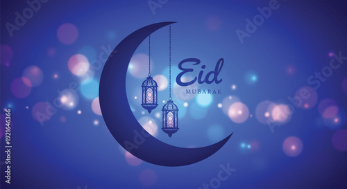 Eid mubarak greeting card design featuring a dark blue crescent moon with hanging lanterns against a vibrant blue bokeh background.