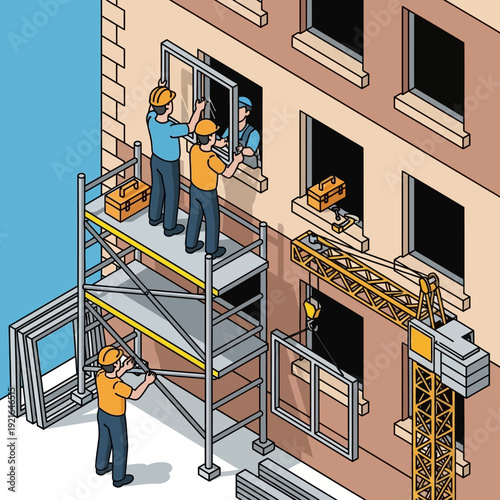 Construction workers installing windows on a building with scaffolding.