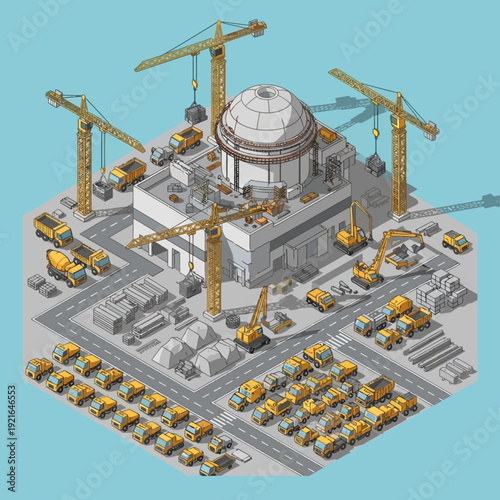Isometric illustration of a construction site with cranes and vehicles around a building.