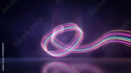 Abstract Glowing Light Ribbons on Dark Reflective Background