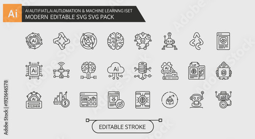 Modern editable SVG icon pack featuring various line art symbols for Artificial Intelligence, Automation, and Machine Learning concepts.