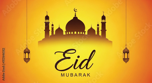 Eid mubarak greeting with mosque silhouette and hanging lanterns on gradient orange background.