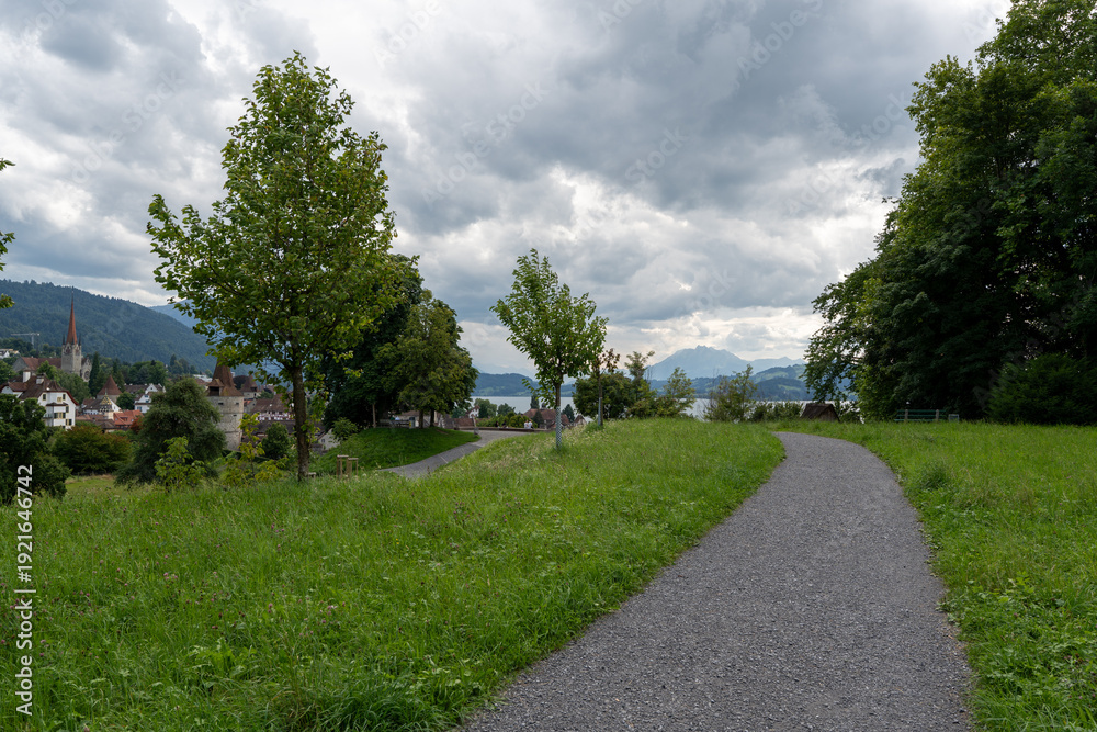 Obraz premium Viewpoint Guggi above the city of Zug overlooking the old town, scenic panorama of the Swiss city and surrounding landscape.