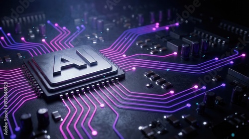 Artificial Intelligence Microchip with Glowing Data Traces