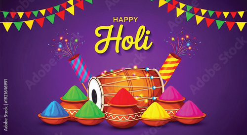 A vibrant illustration for happy holi festival featuring colorful powder piles, a traditional dhol drum, and festive bunting against a deep purple background.