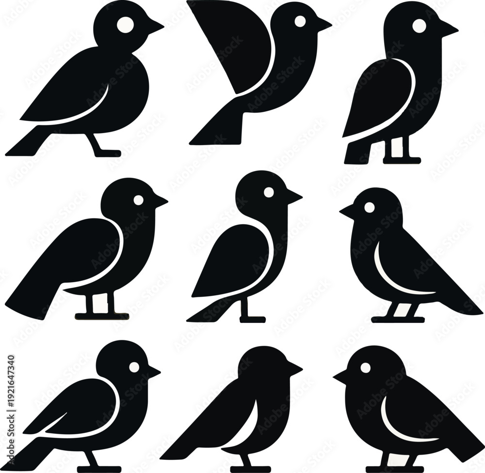 Fototapeta premium Minimalist geometric bird icons set in flat vector style featuring bold black silhouettes with simple modern shapes for logos branding and design
