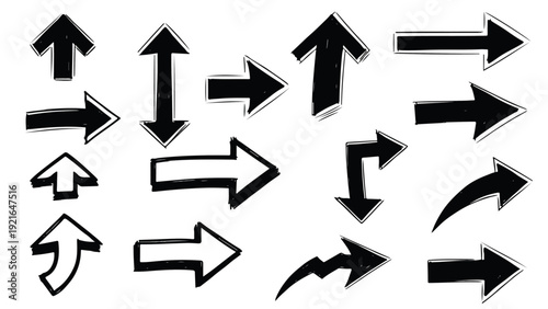 Set of Bold Hand-Drawn Arrow Silhouettes, Black and White Sketch Pointers, Vector Directional Icons for Business Diagrams and Graphic Design