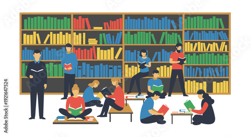 Diverse people reading books in a colorful public library