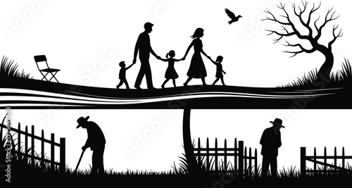 Family silhouette walking together, countryside life scene with parents children, rural landscape illustration, generation contrast concept, minimalist black vector art