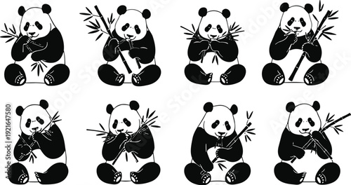 Black panda silhouette collection, cute panda eating bamboo poses, wildlife animal illustration set, giant panda vector, isolated minimalist design icon