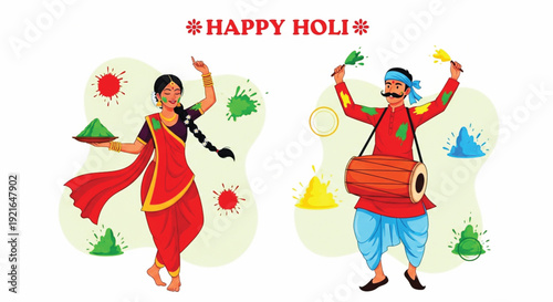 Vibrant illustration depicting a man and a woman celebrating the Hindu festival of Holi with traditional attire, dancing, and holding colorful powders, set against a light background.
