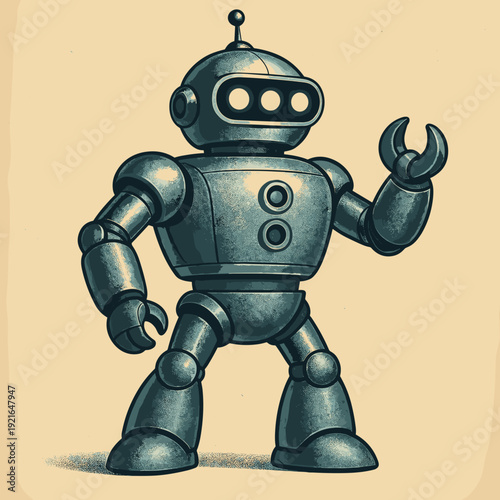 Retro robot character standing in a playful pose on a textured background