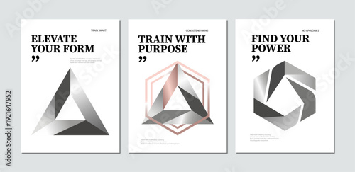 Modern Minimalist Fitness Motivational Poster Set Featuring Metallic Geometric Shapes and Training Slogans on White Background