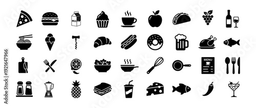Minimalist Black Food and Drink Icons Set Including Fast Food Restaurant Tools and Healthy Ingredients Isolated on White Background.